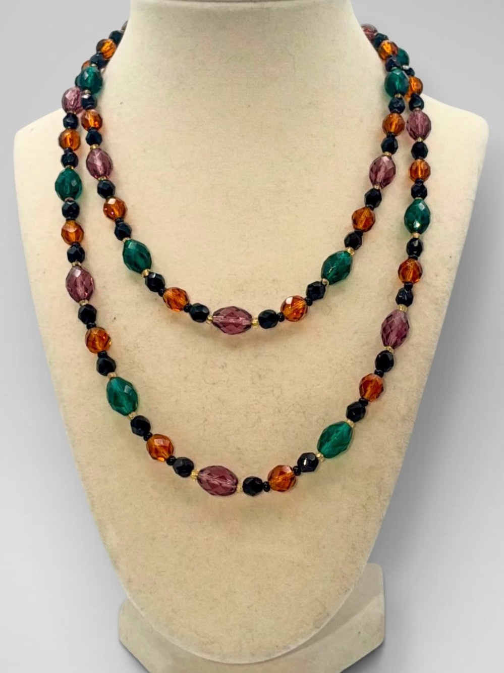 Vintage Faceted Glass Bead Necklace Jewel Tone Statement Mardi Gras Estate Piece